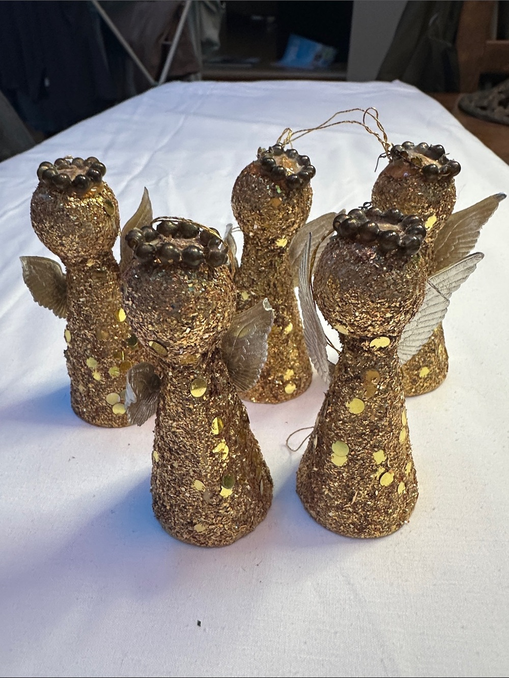 Set of five vintage Holt Howard gold glitter angel Christmas ornaments